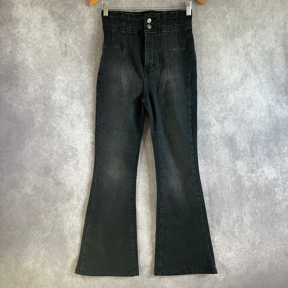 Free People We The Free Flare Jeans Women 27 Black High Rise Corset Waist Hippie